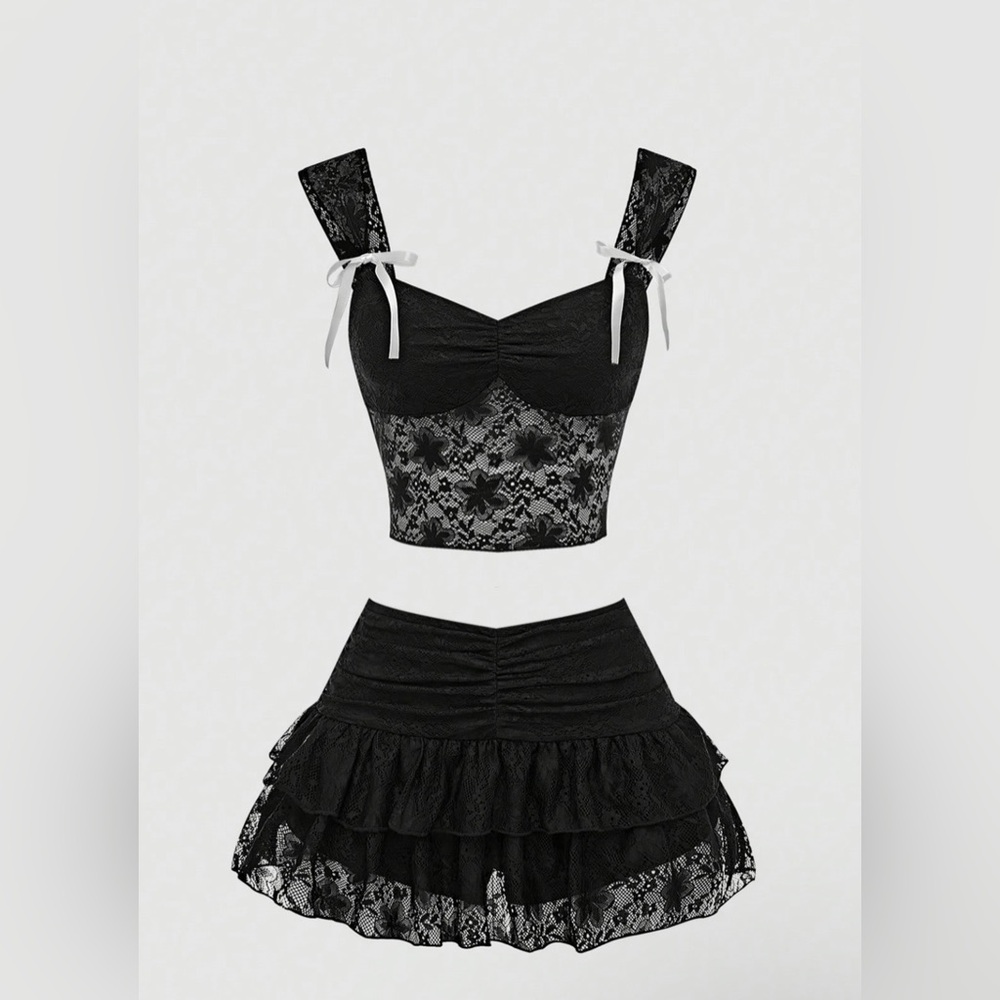 Two piece black lace set, crop top and skirt with shorts built in